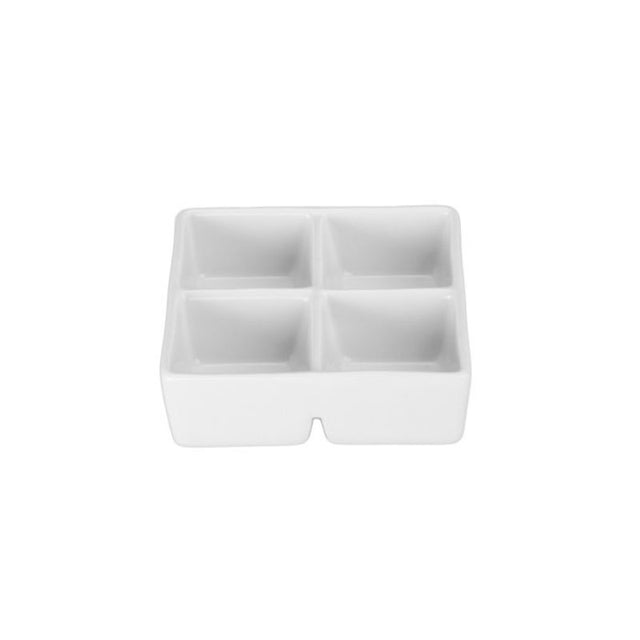 Set of 4 stylish 59ml sectioned dip dishes, perfect for serving various dips without mixing flavors. Dishwasher safe.