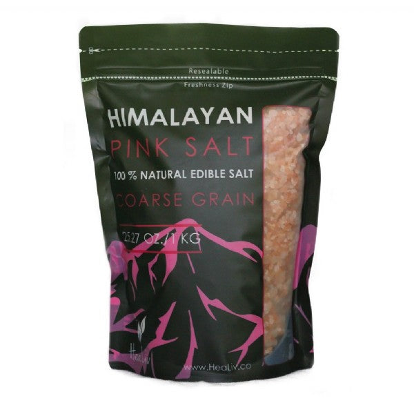Edible coarse Himalayan salt in a 1kg zip lock bag, perfect for enhancing culinary dishes with pure flavor.