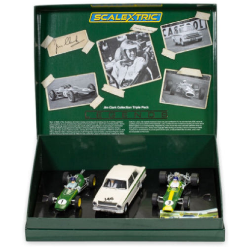 Alt text: "Limited edition Scalextric Jim Clark triple pack featuring intricately detailed slot cars celebrating the racing legend."