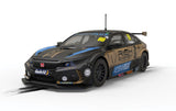 Scalextric Honda Civic FK8 Type R BTCC '22 model in black and gold livery, inspired by Rich Energy, perfect for slot racing fun.