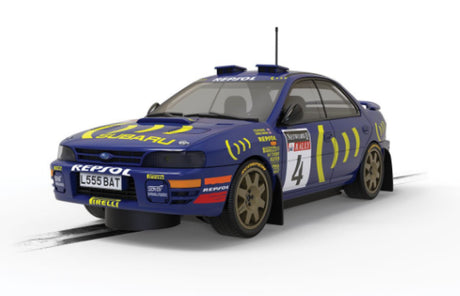 Scalextric model of the 1995 Subaru Impreza WRX, celebrating Colin McRae's rally championship with detailed design.