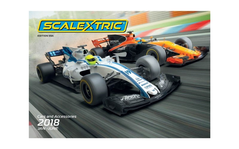 zScalextric 2018 Jan-Jun Catalog showcasing the latest slot car models, track designs, and performance accessories.