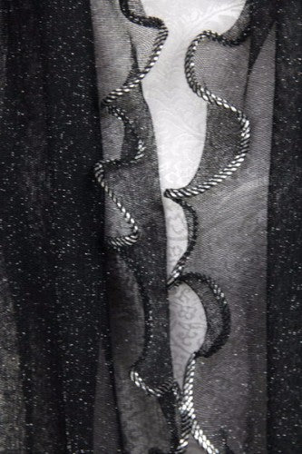 Black lurex scarf with curly edges, 150x50cm, lightweight, elegant for casual or formal wear.