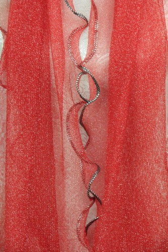 Vibrant red Lurex scarf with playful curly edges, lightweight and shimmering, perfect for enhancing any outfit.