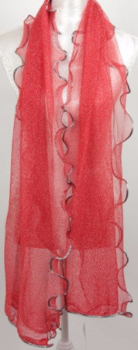 Vibrant red lurex scarf with curly edges, lightweight and shimmering, perfect for stylish layering or special occasions.