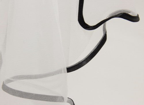 Lightweight white chiffon net scarf with a satin edge, measuring 190cm by 75cm, perfect for versatile styling and elegance.