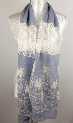 Elegant blue lace and embroidery scarf, versatile for layering, with intricate details perfect for any occasion.