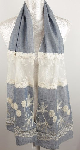 Elegant blue scarf featuring intricate lace and embroidery, perfect for adding sophistication and versatility to any outfit.