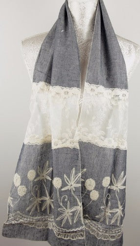 Lace and embroidery denim scarf featuring intricate designs, perfect for versatile styling and enhancing any outfit.