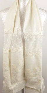 Elegant ivory scarf featuring intricate lace and botanical embroidery, perfect for any occasion and versatile styling.