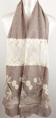Lace and embroidery scarf featuring a whimsical mushroom design, perfect for layering and enhancing any outfit.