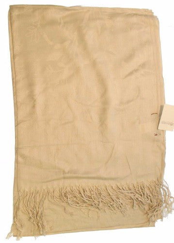 Luxurious beige 100% viscose scarf, pashmina size with delicate fringe, perfect for versatile styling and year-round warmth.