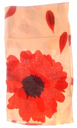 Elegant camel viscose scarf with floral design, 35cm x 170cm plus fringe, perfect for versatile styling and comfort.