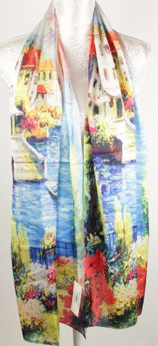 Vibrant Digital Print Kaleidoscope scarf in 100% polyester satin, 48x175cm, perfect for stylish layering and versatile wear.
