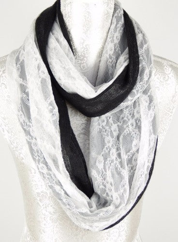 Lace On Knit Infinity Scarf in black, featuring a stylish lace design, perfect for layering and adding elegance to any outfit.