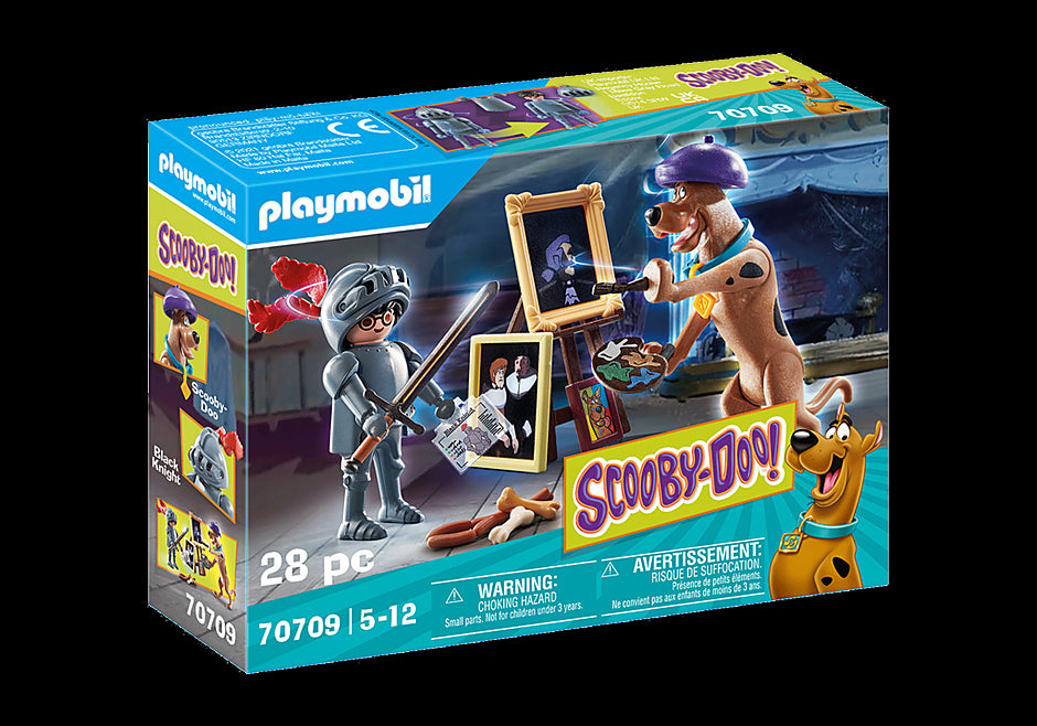 Playmobil SCOOBY-DOO! playset featuring Black Knight, Scooby-Doo, ghost card, and painting accessories for imaginative adventures.