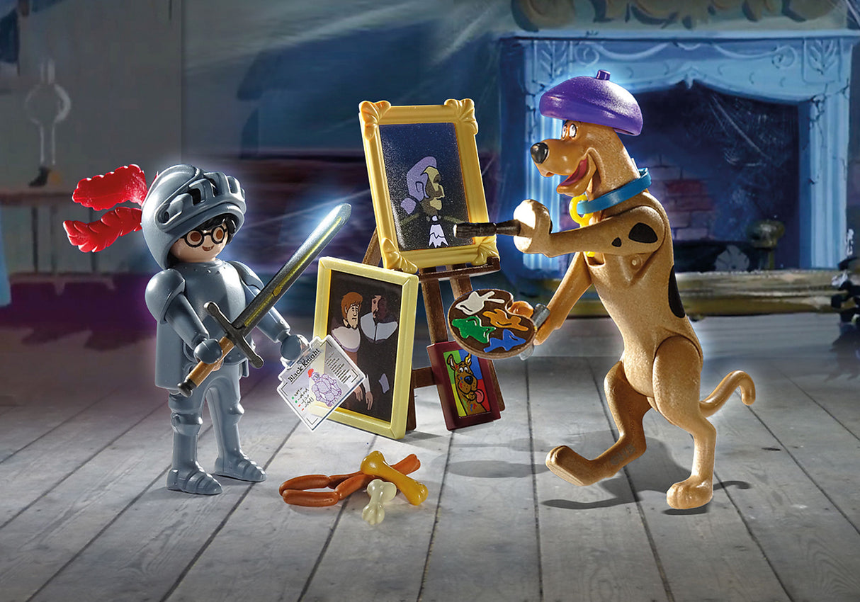 Playmobil SCOOBY-DOO! Adventure set with Scooby-Doo and Black Knight, featuring ghost card and painting accessories for imaginative play.
