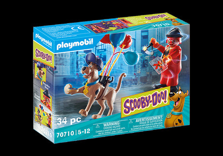 Playmobil Scooby-Doo set featuring Scooby as a balloon seller and Ghost Clown, with circus accessories for imaginative play.