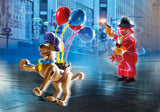 Playmobil Scooby-Doo set featuring Scooby as a balloon seller and the Ghost Clown, ideal for imaginative circus adventures.
