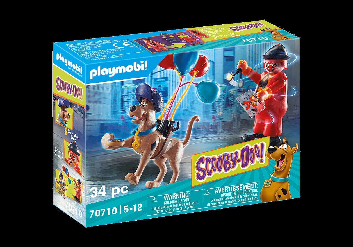 Playmobil Scooby-Doo set featuring Scooby-Doo and Ghost Clown, with circus accessories for imaginative mystery-solving fun.