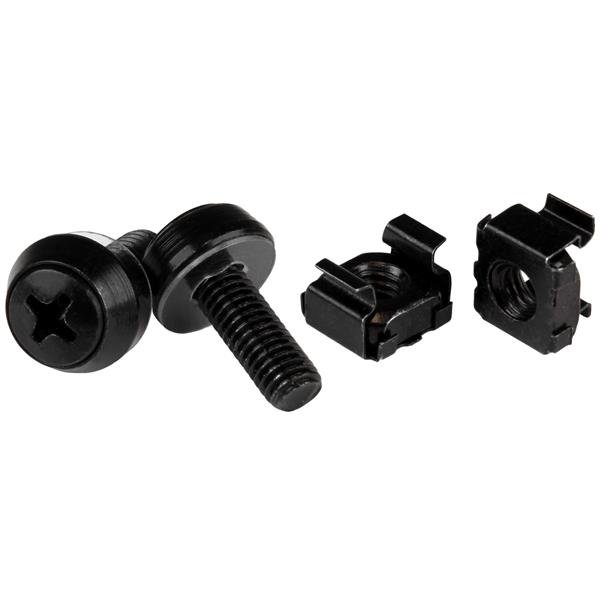 Black M6 x 12mm screws and cage nuts, 50-pack for secure rack setups, includes installation tool, TAA compliant, 2-year warranty.