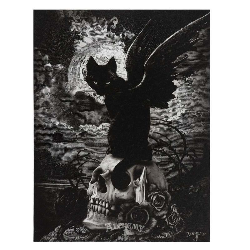 Small gothic canvas featuring a winged black cat on a skull with roses, perfect for dark fantasy decor.