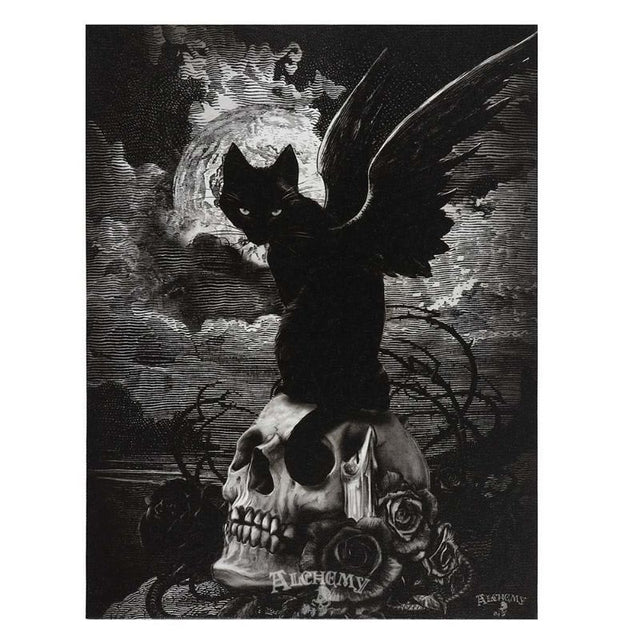 Small gothic canvas featuring a winged black cat on a skull with roses, perfect for dark fantasy decor.