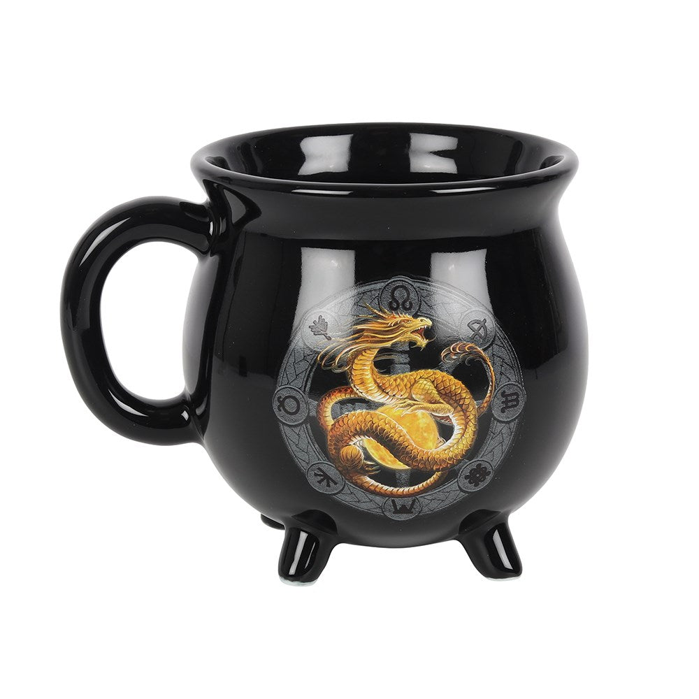 Litha Colour Changing Cauldron Mug featuring a yellow dragon and sabbat symbols, transforming with hot beverages.