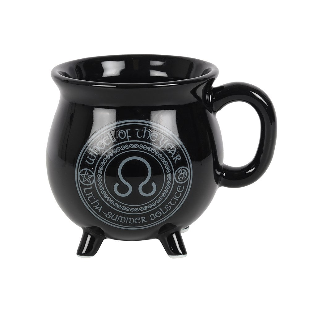 Litha Colour Changing Cauldron Mug features a yellow dragon and sabbat symbols that illuminate with hot beverages.