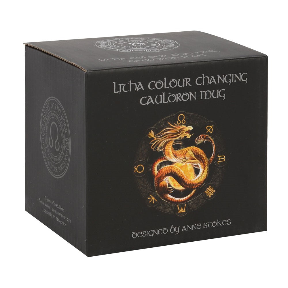 Litha Colour Changing Cauldron Mug features a yellow dragon and sabbat symbols that appear when filled with hot beverages.