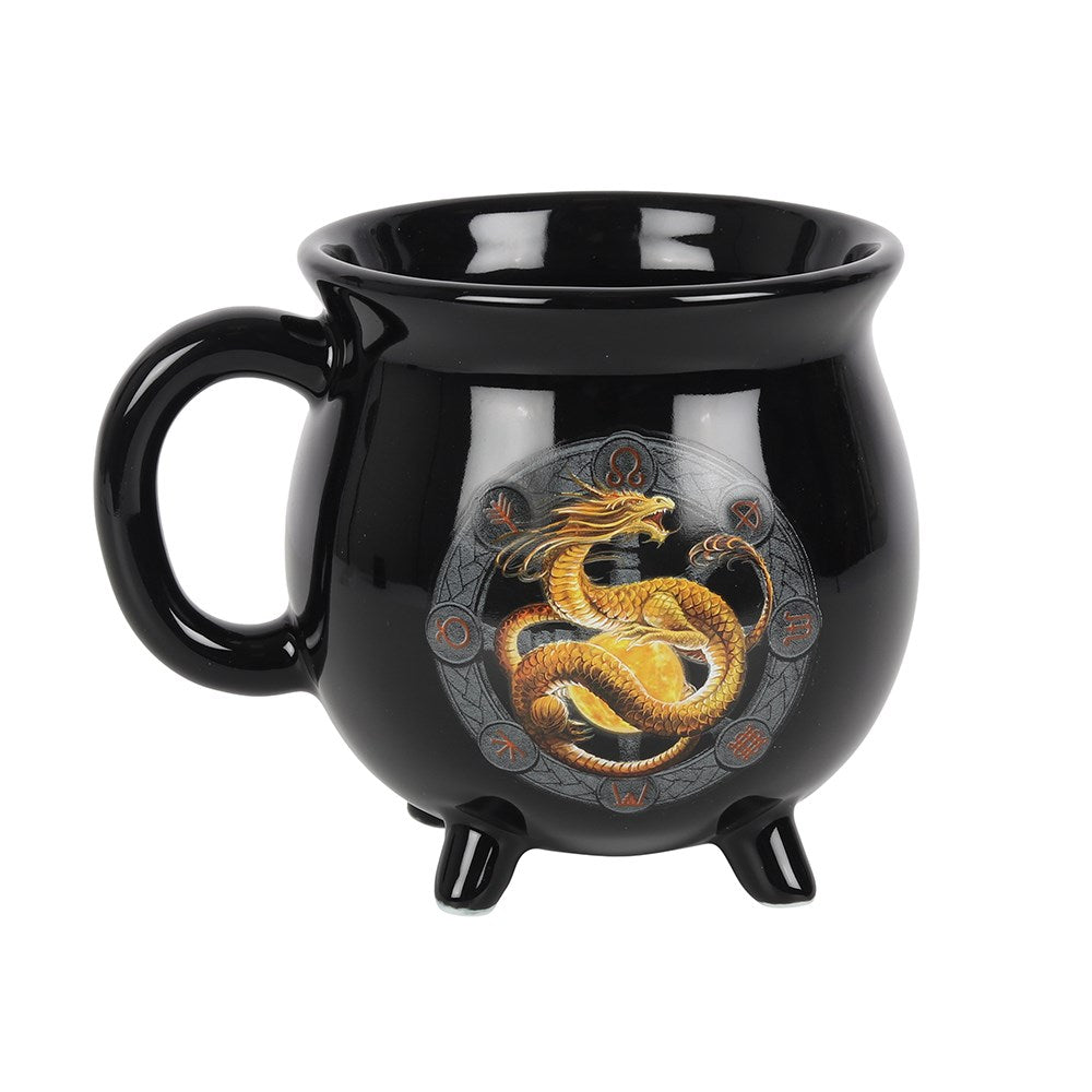 Litha Colour Changing Cauldron Mug featuring a yellow dragon and sabbat symbols, made from New Bone China, 500ml capacity.