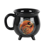 Beltane Colour Changing Cauldron Mug featuring a red dragon and sabbat symbols that glow when hot, perfect for tea or coffee.