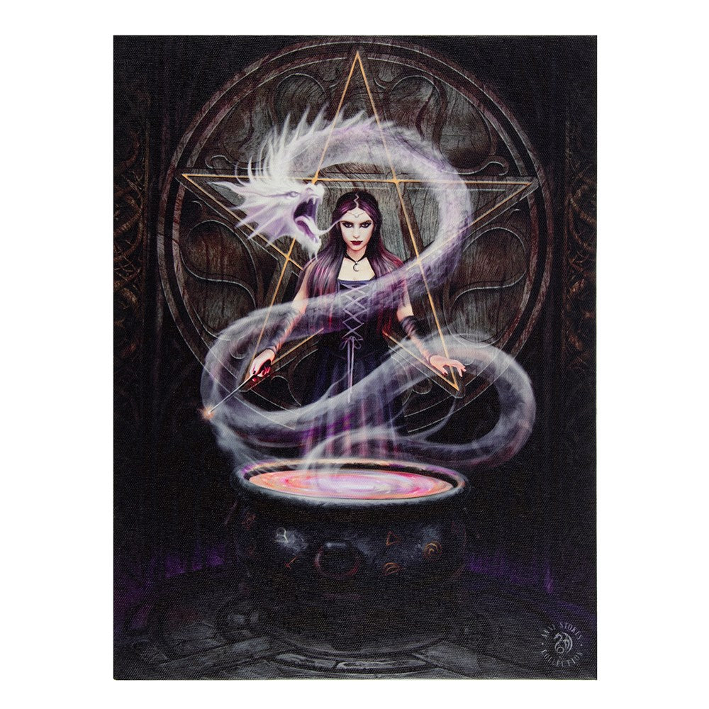 Canvas print featuring a purple witch conjuring a ghostly dragon, set against a pentacle, by Anne Stokes.