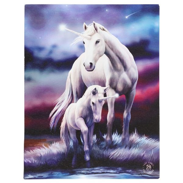 Small canvas plaque featuring a unicorn mare and foal, beautifully illustrated by Anne Stokes in vibrant colors.