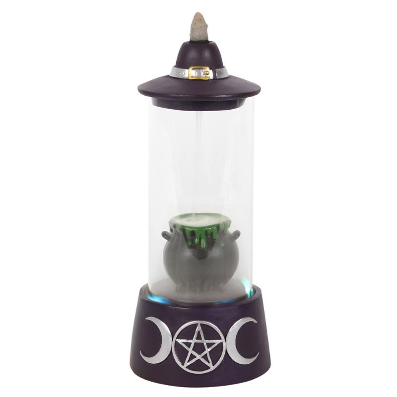 Enchanting backflow incense burner with glass cylinder, bubbling cauldron, witch's hat lid, and colorful LED lights.