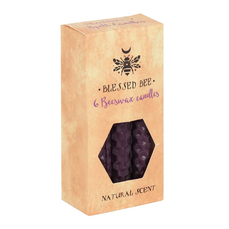 Pack of 6 purple beeswax spell candles, ideal for rituals and intention-setting, with natural aroma and 1-hour burn time.