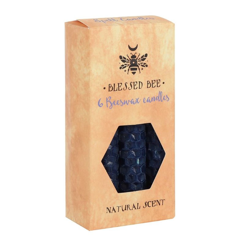 A pack of 6 blue beeswax candles for spellwork, promoting protection and wisdom with a calming natural scent.