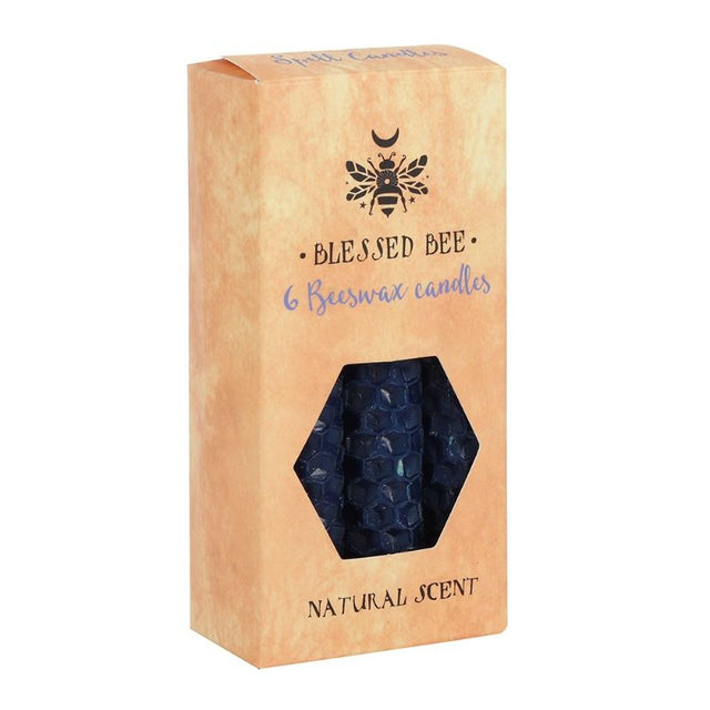 A pack of 6 blue beeswax candles for spellwork, promoting protection and wisdom with a calming natural scent.