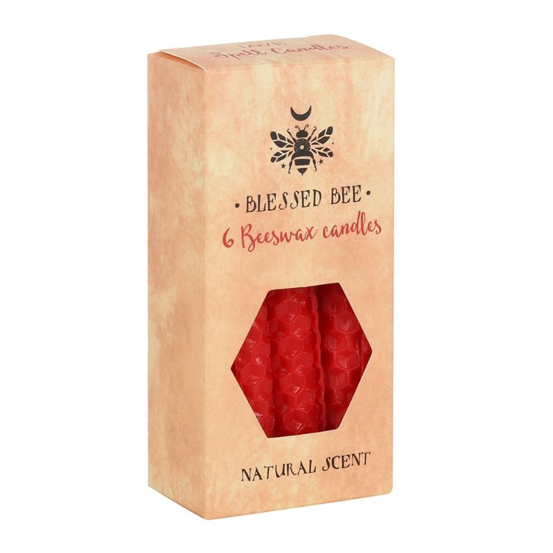 Pack of 6 red beeswax spell candles, eco-friendly, clean burn, ideal for love and courage rituals, with a natural scent.