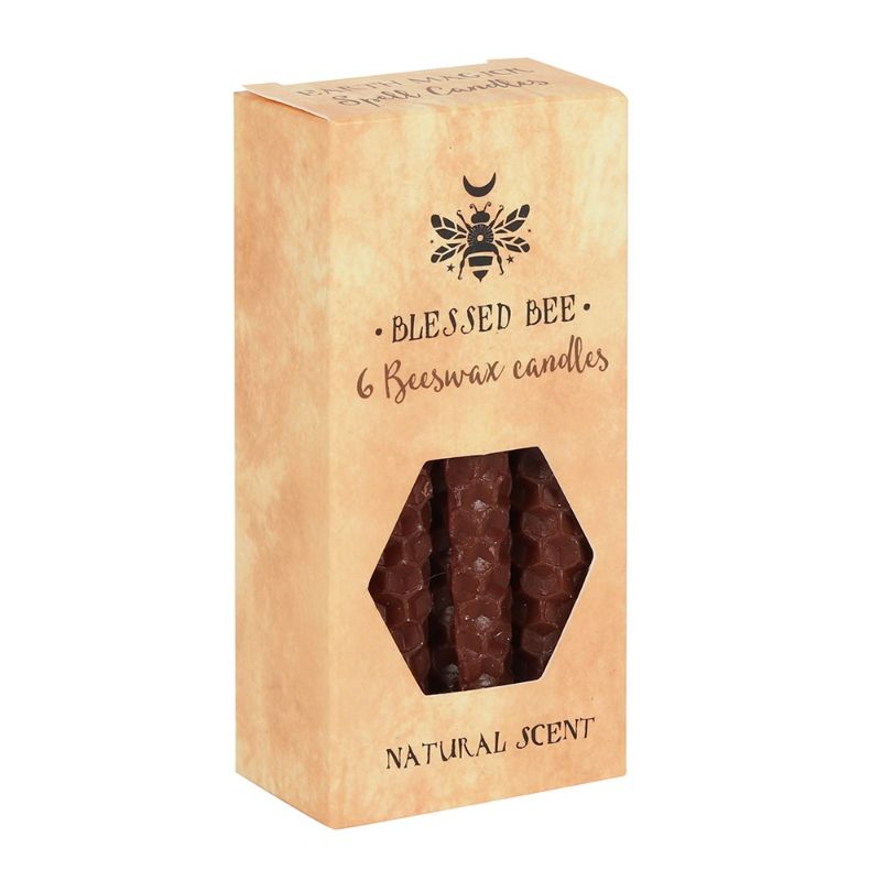 Pack of 6 eco-friendly brown beeswax spell candles, perfect for rituals, with a natural scent and 1-hour burn time.