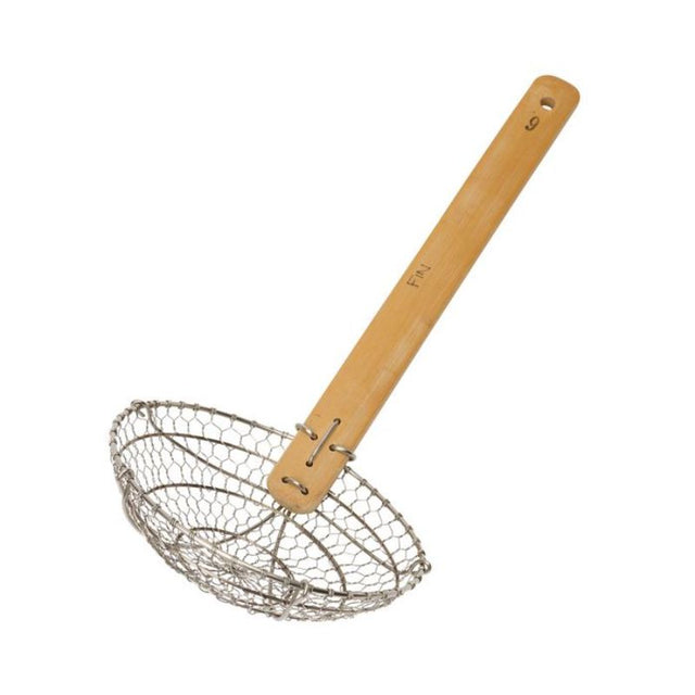 Stainless steel wok strainer with bamboo handle, perfect for poaching, deep frying, and straining Asian dishes at home.