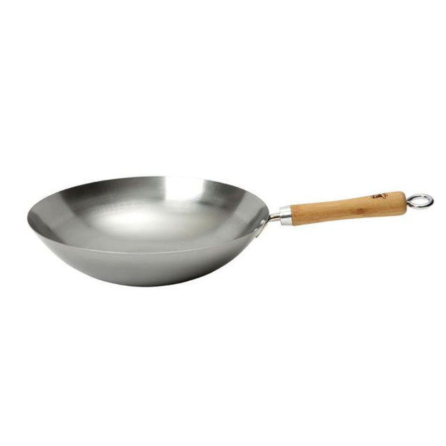 Carbon steel wok with bamboo handle, ideal for traditional Asian cooking, ensures perfect heat distribution and smoky flavors.