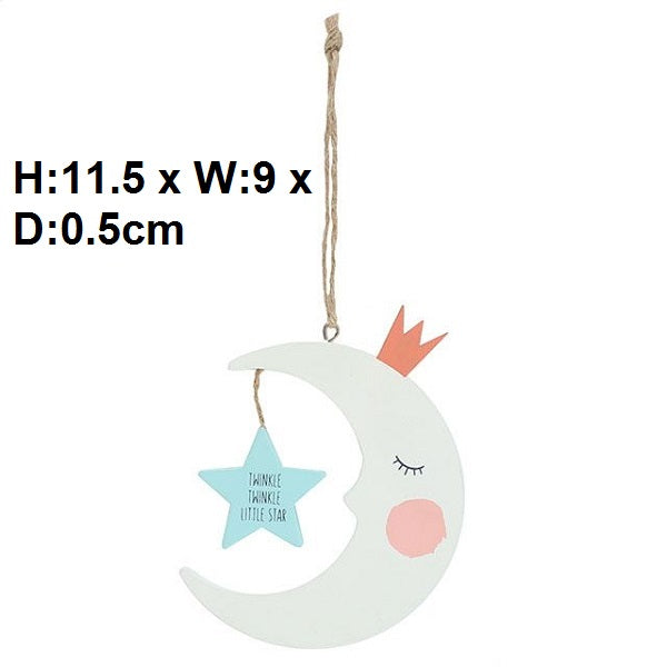 Double-sided hanging moon decoration, 11.5cm tall, adds charm to nurseries and playrooms for boys and girls.