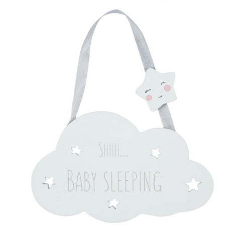 Hanging decoration featuring "Shhh... Baby Sleeping" text, silver ribbon loop, and star detail, perfect for nurseries.