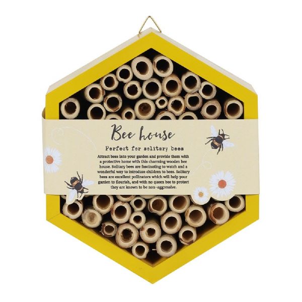 Eco-friendly Wooden Bee House for solitary bees, butterflies, measuring H:17 x W:15 x D:10 cm, enhances garden aesthetics and supports pollinators.