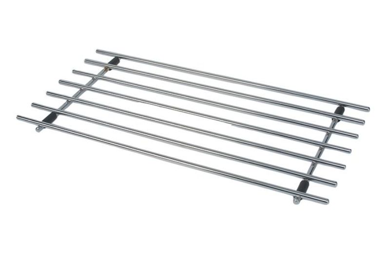 Rectangular chrome trivet (44x24cm) protecting surfaces from heat marks, stylish design for kitchen and dining use.