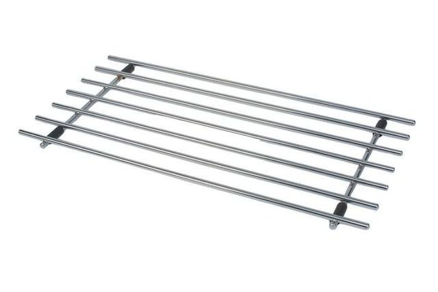 Rectangular chrome trivet (44x24cm) protecting surfaces from heat marks, stylish design for kitchen and dining use.