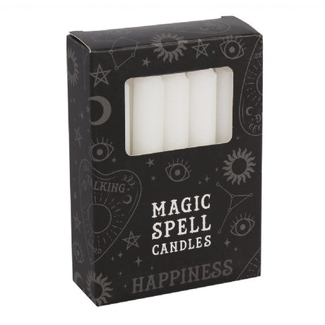 Pack of 12 white 'Happiness' spell candles for rituals, promoting positivity, new beginnings, and spiritual growth.