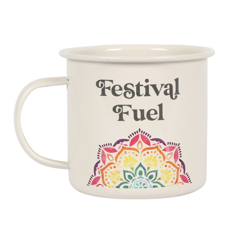 Off-white enamel mug with rainbow mandala design, ideal for camping and outdoor adventures.