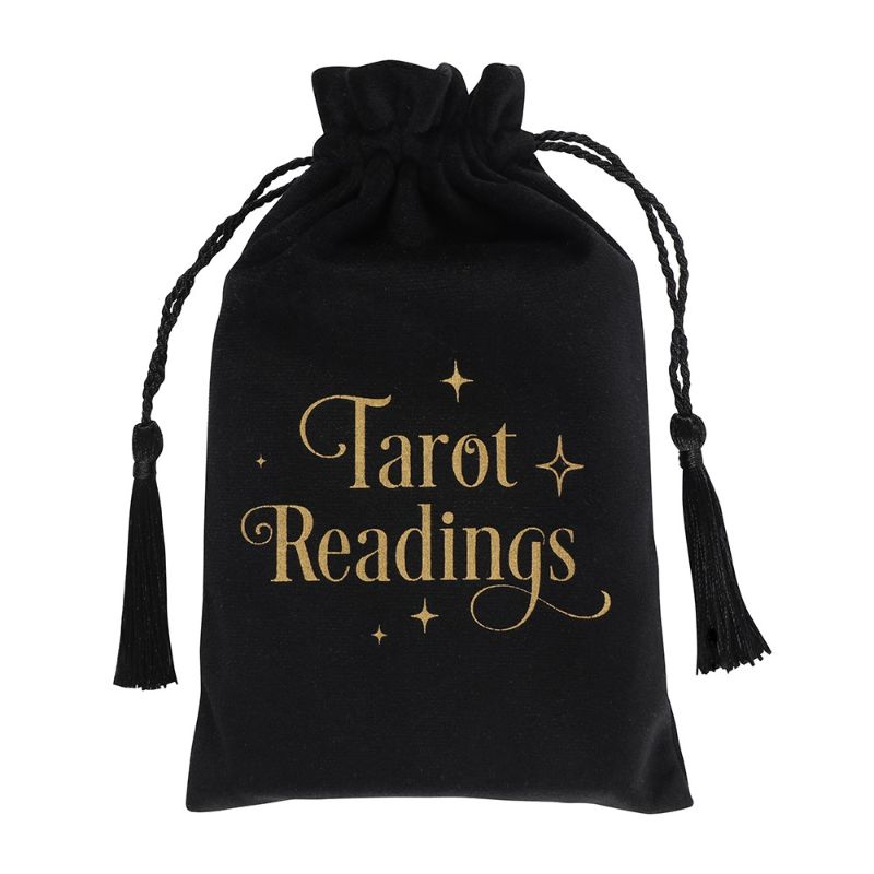 Elegant black velvet drawstring pouch for tarot cards, featuring gold 'Tarot Readings' text, ideal for spiritual practices.